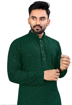 BEDENISH Men Chikan Embroidery Straight Kurta(Green)