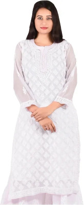 Chikankari by zainab Women Chikan Embroidery A-line Kurta(White)