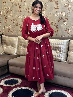 NARI DREAM Women Printed Flared Kurta(Maroon)