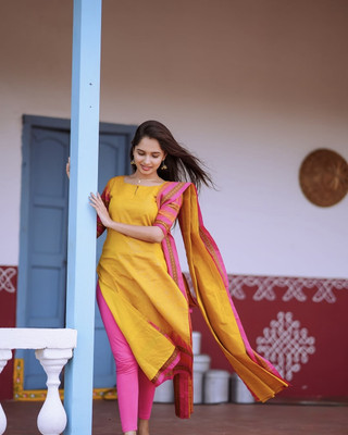 ORNAGLOW Women Self Design, Woven Design, Embellished Anarkali Kurta(Yellow)