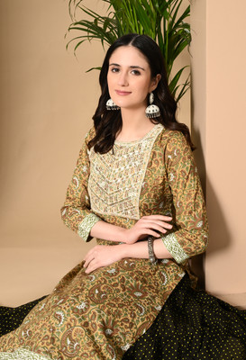 ftDiva Women Embroidered Straight Kurta(Yellow)