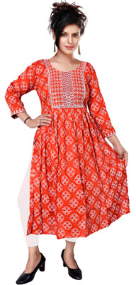 R KANISHKA Women Block Print Ethnic Dress Kurta(Orange)