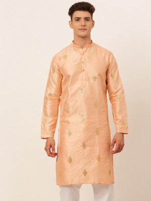 Jompers Men Embroidered Straight Kurta(Pink)