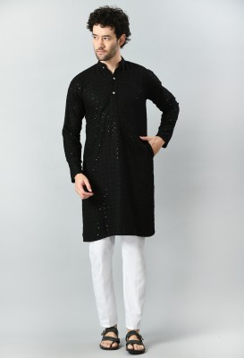 TRULYFEB Men Embellished, Self Design Straight Kurta(Black)