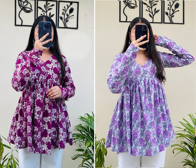 CLANGER Women Floral Print Flared Kurta(Black)