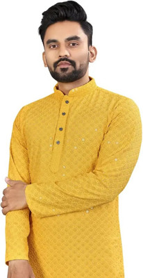 CRYSTALSTYLE Men Embroidered, Embellished Straight Kurta(Yellow)