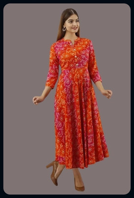 RACHNA FASHION Women Printed Flared Kurta(Orange, Pink)