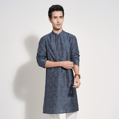 Indus Route by Pantaloons Men Printed Straight Kurta(Blue)