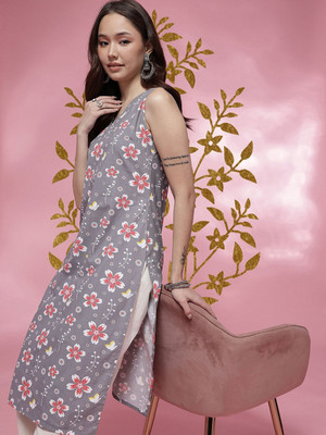 ANOUK Women Floral Print Straight Kurta(Grey)