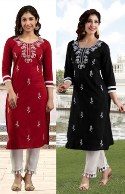 SISTO Women Chikan Embroidery Straight Kurta(Multicolor)