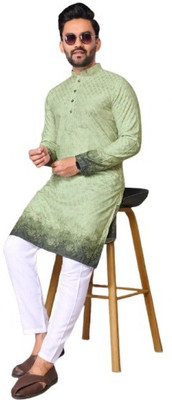 madhavwears Men Printed A-line Kurta(Green)