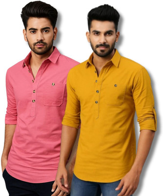 RANGFIT Men Solid Straight Kurta(Pink, Yellow)