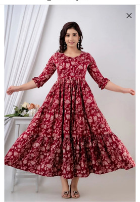 GIRYA Women Printed Flared Kurta(Maroon)