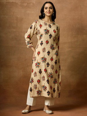 Women Plus Women Printed Straight Kurta(Brown)