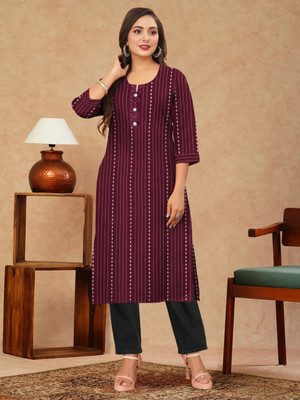 RUMI TEXTILE Women Striped Straight Kurta(Maroon)