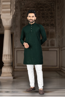 DHASU TRENDZ Men Chikan Embroidery, Embroidered Straight Kurta(Green)