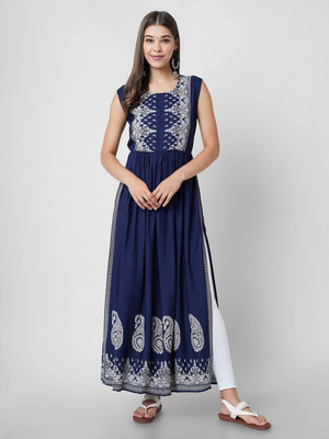 Dk Fab Women Embroidered A-line Kurta(Blue)