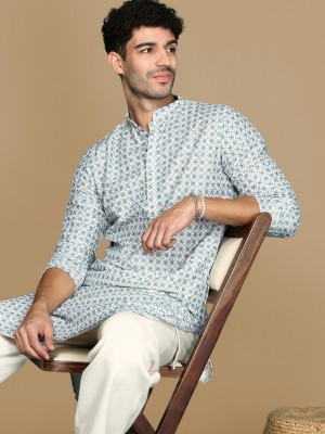 Sanwara Men Printed Straight Kurta(Blue)