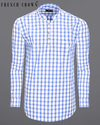 french crown Men Checkered Straight Kurta(Blue, White)