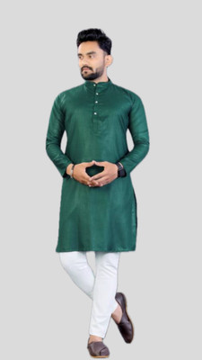 HouseOfCommon Men Solid A-line Kurta(Dark Green)