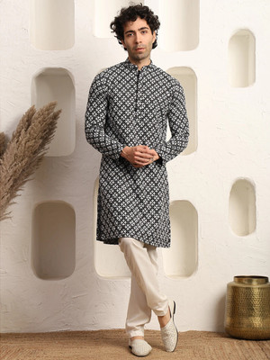 SHLOKAM Men Polka Print Straight Kurta(White, Black)