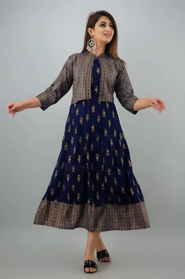 Durgarts Women Geometric Print A-line Kurta(Dark Blue, Beige, Grey)