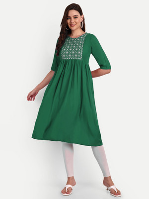 WORLD SHIGO Women Embroidered A-line Kurta(Dark Green)