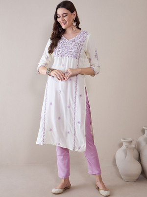 ANOUK Women Embroidered Straight Kurta(White)