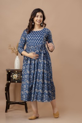 Tulsiram Women Printed Anarkali Kurta(Blue, Grey)