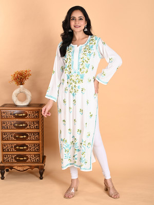 Nazaira Women Chikan Embroidery, Embroidered Straight Kurta(White)