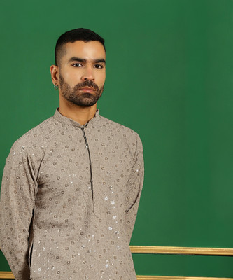 Jompers Men Embroidered Straight Kurta(Grey)