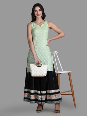 Vairaj Women Chikan Embroidery Straight Kurta(Light Green)