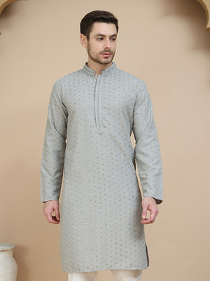 Jompers Men Embroidered Straight Kurta(Grey)