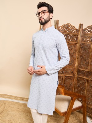 Ethnic Bay Men Embroidered Straight Kurta(Blue)