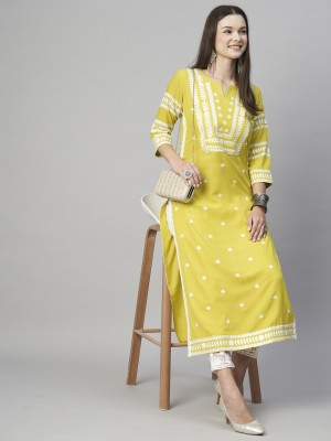CELEUM Women Embroidered Straight Kurta(Yellow, White)