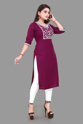 WOMENSILK Women Embroidered A-line Kurta(Purple)