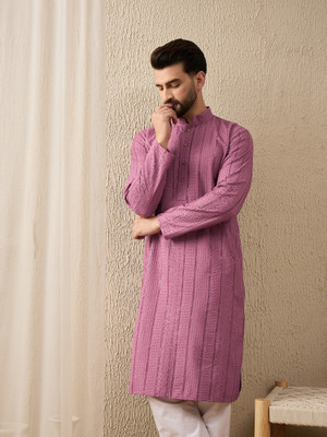 House of Pataudi Men Embroidered Ethnic Dress Kurta(Purple)