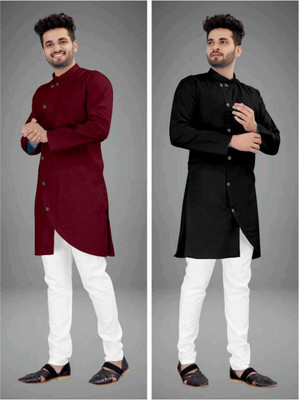CRYSTALREVENUE Men Solid Trail Cut Kurta(Multicolor)
