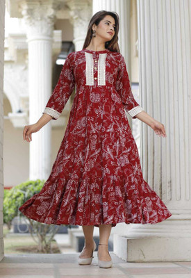 Shri Krishna Print Women Printed Flared Kurta(Maroon)