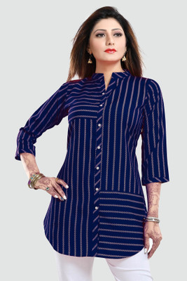 Anmi Short Blue Tunic for Women/Short Kurta For women Striped Women Straight Kurta(Blue)