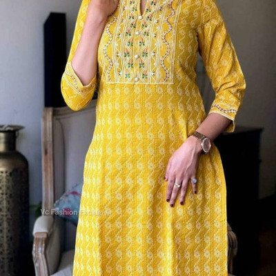 TRIBUVANESHWARI Women Embroidered A-line Kurta(Yellow)