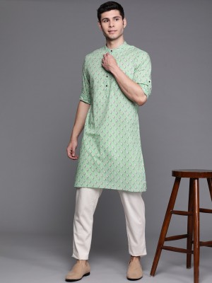 Indo Era Men Printed Straight Kurta(Green)