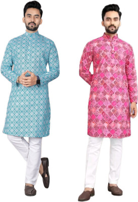 DHASU TRENDZ Men Printed Straight Kurta(Light Blue, Pink)