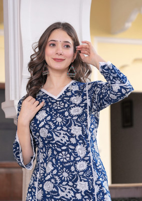 KJFAB Women Printed Straight Kurta(Blue)