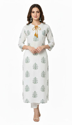 SARANS Women Embroidered, Floral Print, Woven Design, Embellished Straight Kurta(White)