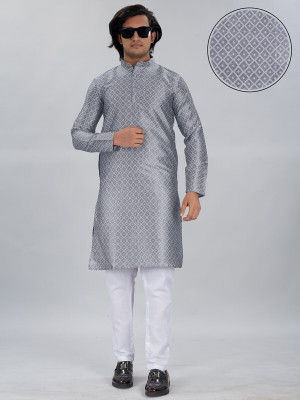 trueoath Men Block Print Straight Kurta(Grey)