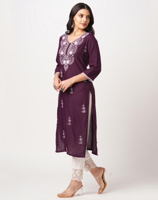 Anmi Chikan Embroidery Women Straight Kurta(Purple)