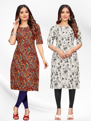 Nitya Trendz Women Printed Straight Kurta(Brown, White)