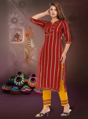 RR SA KURTIS Women Printed Straight Kurta(Red)