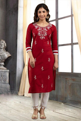 vikshi Women Chikan Embroidery Straight Kurta(Multicolor)